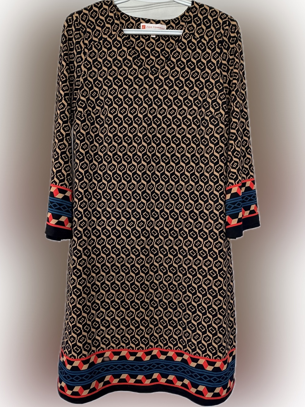 Jude Connally Lexi Dress Medium Hexagon Geometric Print Tan Black Red Blue Shift